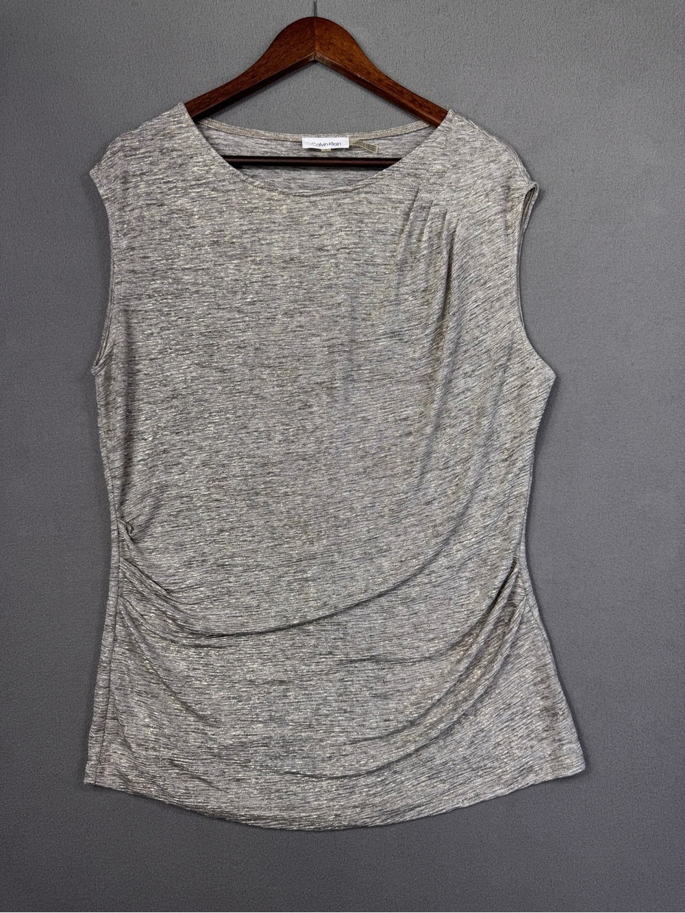 Calvin Klein Women's Heather Champagne Gold Sleeveless Draped Top w/ Cinching, L